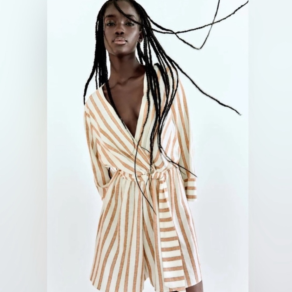 Zara linen blend Striped Beige and White romper
